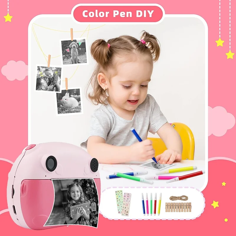 KDC-0013B 2.4 inch Screen HD Kids Instant Camera Dual Lens Thermal Printing Camera Toy - Pink