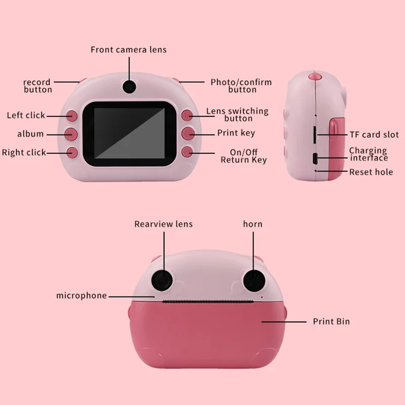 KDC-0013B 2.4 inch Screen HD Kids Instant Camera Dual Lens Thermal Printing Camera Toy - Pink