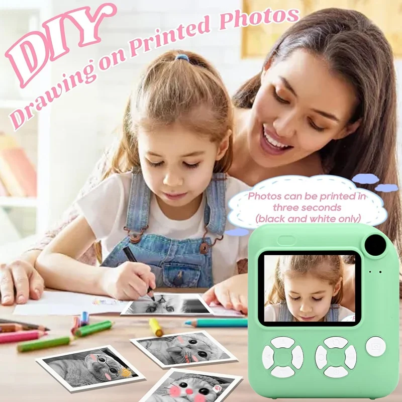 KDC-0013E HD 2.4 inch Screen Kids Camera Thermal Inkless Photo Printer with 32G TF Card+Card Reader - Green