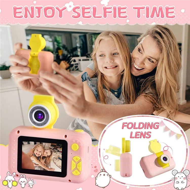 KDC-0025 Câmera de Vídeo Recorder de Lente Flip HD de 2,0 Polegadas para Crianças, Cartão TF de 32G + Leitor de Cartão - Rosa