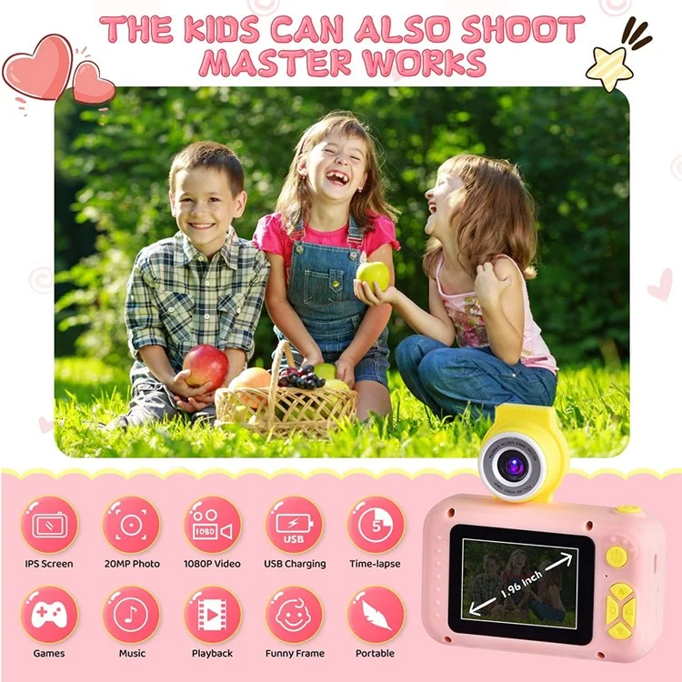 KDC-0025 Câmera de Vídeo Recorder de Lente Flip HD de 2,0 Polegadas para Crianças, Cartão TF de 32G + Leitor de Cartão - Rosa