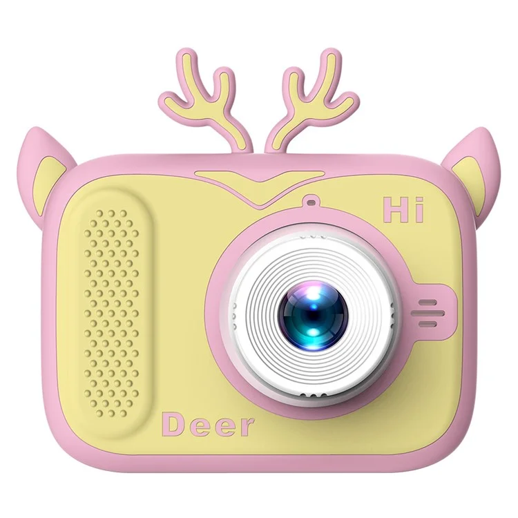 Fotocamera Mini X12 Giocattolo HD Registratore Video a Doppia Lente per Bambini (con Scheda di Memoria da 32G + Lettore di Schede) - Rosa+Cervo Giallo 