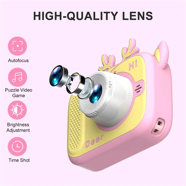 Fotocamera Mini X12 Giocattolo HD Registratore Video a Doppia Lente per Bambini (con Scheda di Memoria da 32G + Lettore di Schede) - Rosa+Cervo Giallo 