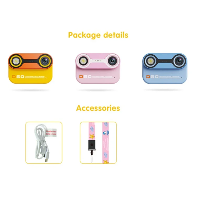 Cámara para niños D60 3m Underwater 2.4-Inch IPS Screen Dual Lens con linterna LED y botón SOS, sin trípode - Marrón