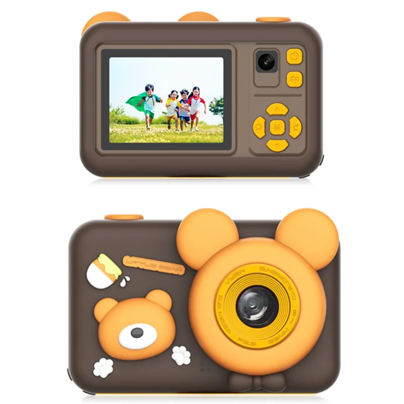 D32 2.0 Inch IPS Screen Dual Lens Mini Kids Camera Video Recorder with Tripod, with 32G Memory Card + Card Reader - Brown