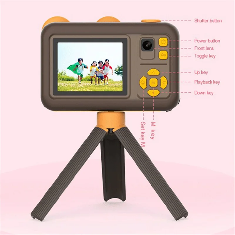 D32 2.0 Inch IPS Screen Dual Lens Mini Kids Camera Video Recorder with Tripod, with 32G Memory Card + Card Reader - Brown
