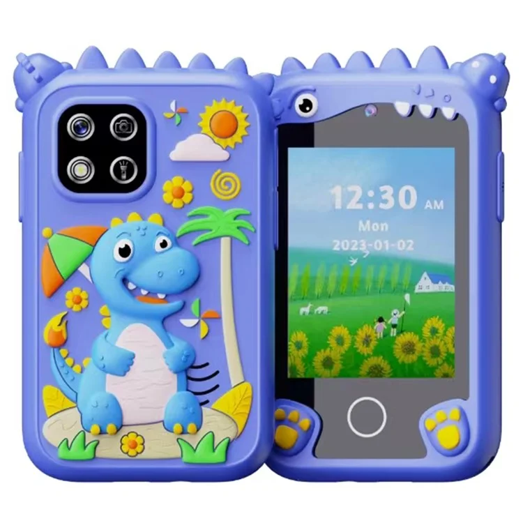 Cámara de juguete para niños con pantalla táctil de 2,8 pulgadas, lente doble y juegos incorporados - Dinosaurio azul