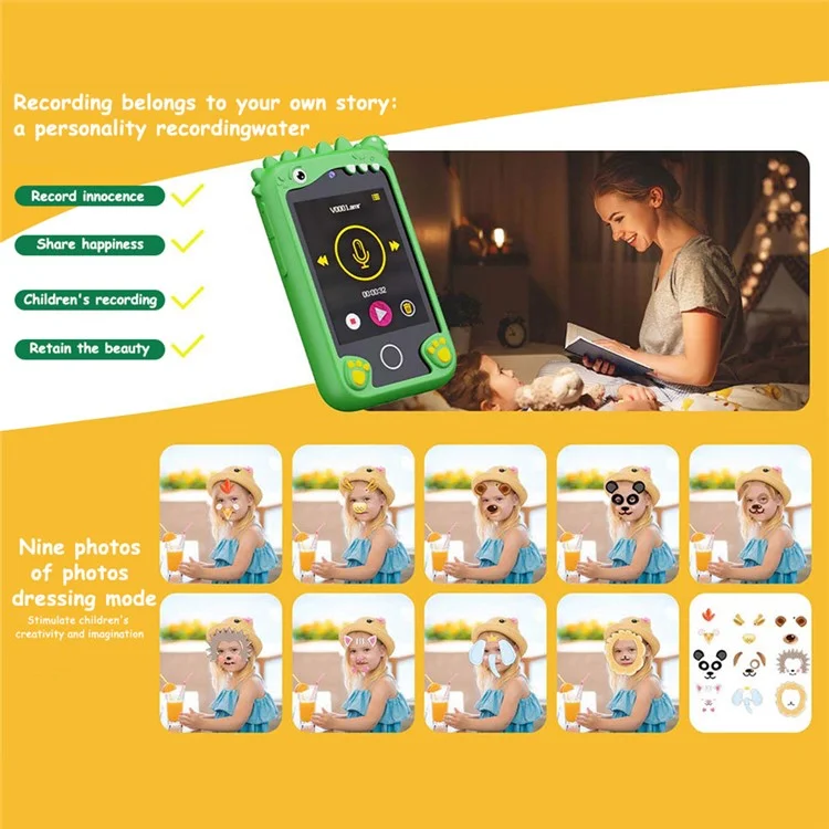 Cámara de juguete para niños con pantalla táctil de 2,8 pulgadas, lente doble y juegos incorporados - Dinosaurio azul