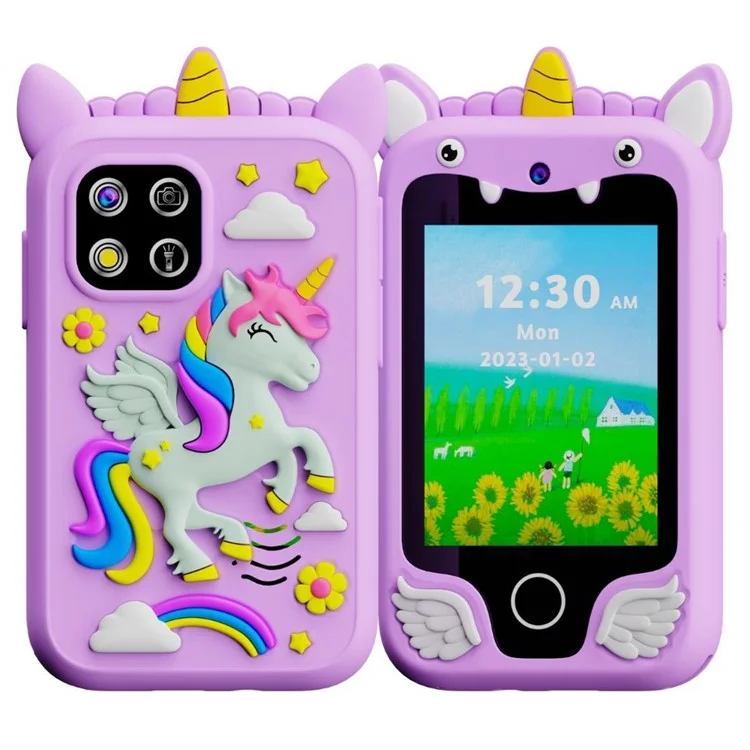 Cámara de juguete para niños con pantalla táctil de 2.8 pulgadas, lentes duales y juegos incorporados - Unicornio morado