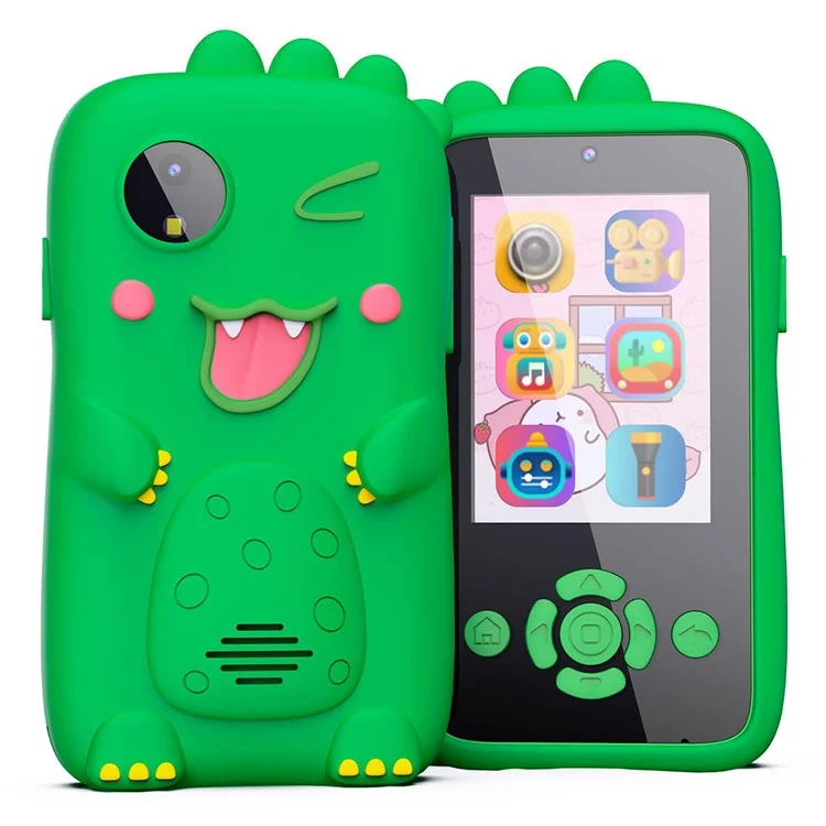 Z9 Teléfono de juguete para niños con pantalla IPS de 2,4 pulgadas HD, doble lente y diseño de dinosaurio verde, con tarjeta de memoria de 32 GB