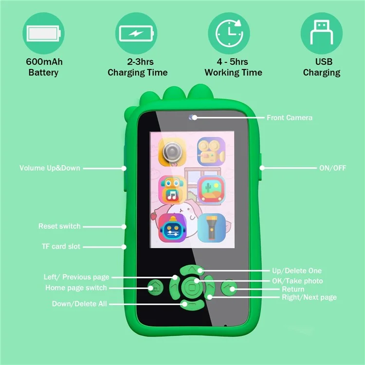 Z9 Teléfono de juguete para niños con pantalla IPS de 2,4 pulgadas HD, doble lente y diseño de animal de dibujos animados, con tarjeta de memoria de 32 GB - Unicornio púrpura