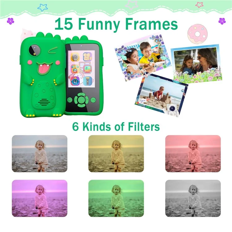 Z9 Teléfono de juguete para niños con pantalla IPS de 2,4 pulgadas HD, doble lente y diseño de animal de dibujos animados, con tarjeta de memoria de 32 GB - Unicornio púrpura