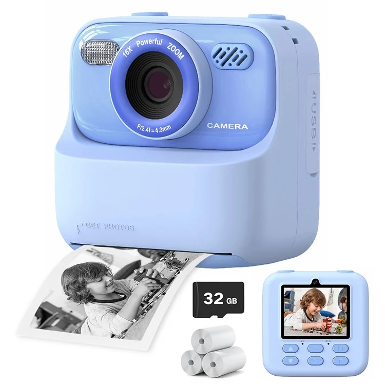 Cámara digital para niños P79 Photo Instant Print con juegos divertidos, HD 1080P, lente dual y tarjeta de memoria de 32 GB - Azul