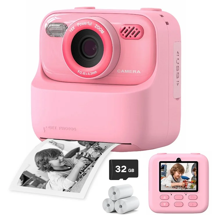 Cámara digital de fotos instantáneas P79 para niños, diversión y juegos, HD 1080P, doble lente, con tarjeta de memoria de 32 GB, color rosa