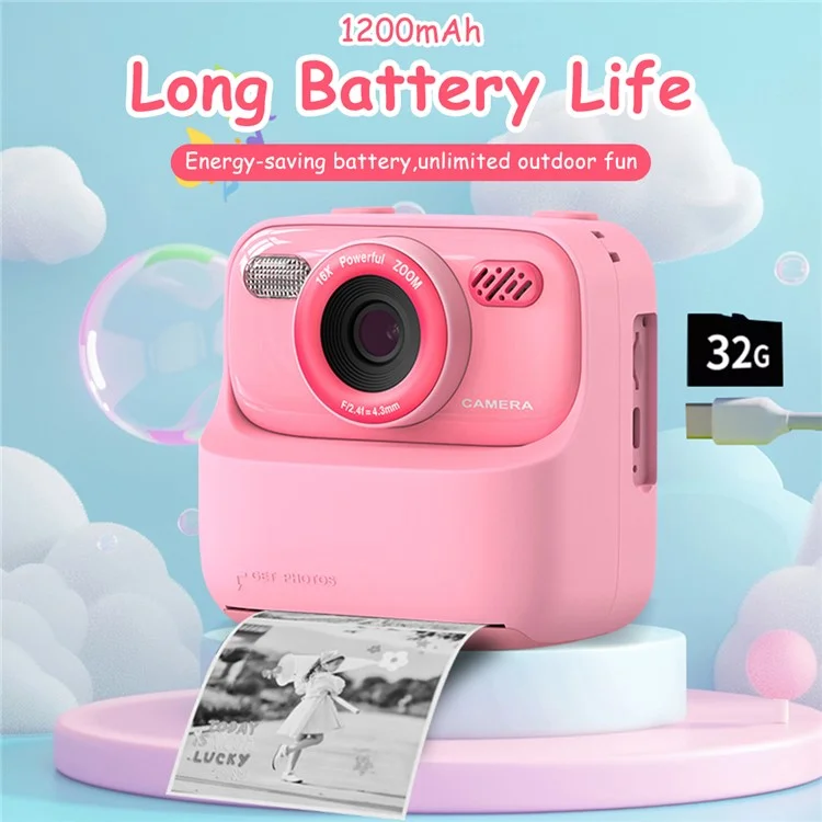 Cámara digital de fotos instantáneas P79 para niños, diversión y juegos, HD 1080P, doble lente, con tarjeta de memoria de 32 GB, color rosa