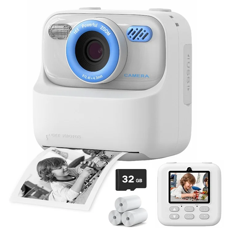 Cámara digital de fotos instantáneas para niños P79, diversión HD 1080P con doble objetivo - Blanco