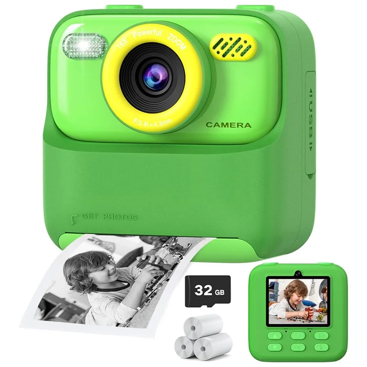 Cámara instantánea para niños P79 Juego divertido HD 1080P Cámara de doble objetivo con tarjeta de memoria de 32GB - Verde