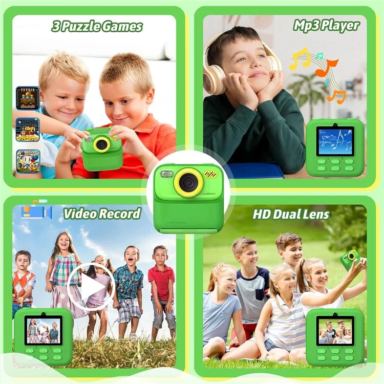 Cámara instantánea para niños P79 Juego divertido HD 1080P Cámara de doble objetivo con tarjeta de memoria de 32GB - Verde