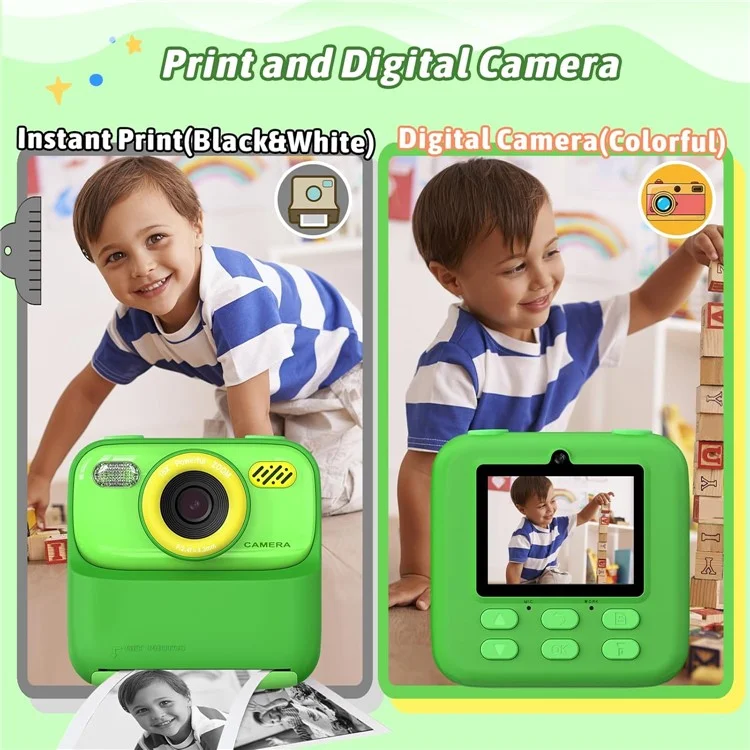 Cámara instantánea para niños P79 Juego divertido HD 1080P Cámara de doble objetivo con tarjeta de memoria de 32GB - Verde