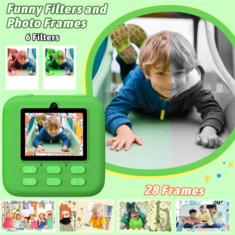 Cámara instantánea para niños P79 Juego divertido HD 1080P Cámara de doble objetivo con tarjeta de memoria de 32GB - Verde