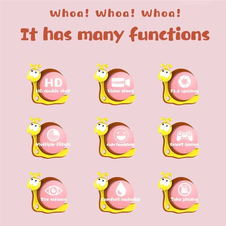 Q2 Kids Camera Toy Cartoon Snail Shaped Children Photo Video Recorder with 32G Memory Card - Pink