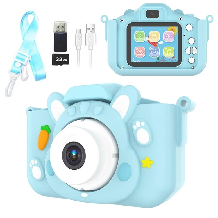 x11s Cartoon Rabbit Shaped Kids Camera Toy Children Photo Video Recorder with 32G Memory Card - Blau
