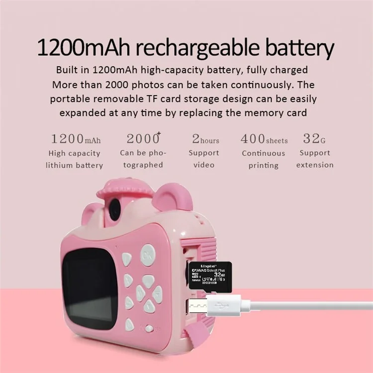 Bulk Buy V12 2,4 Zoll Bildschirm HD Kids Instant Camera Thermal Printing Camera Toy mit Print Paper - Pink