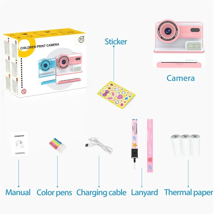 D101 2.4-inch HD Screen Dual Lens Kids Instant Camera Photo Thermal Printer with 32G Memory Card + Card Reader - Blue