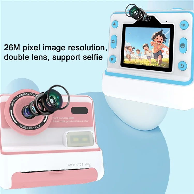 D101 2.4-inch HD Screen Dual Lens Kids Instant Camera Photo Thermal Printer with 32G Memory Card + Card Reader - Blue
