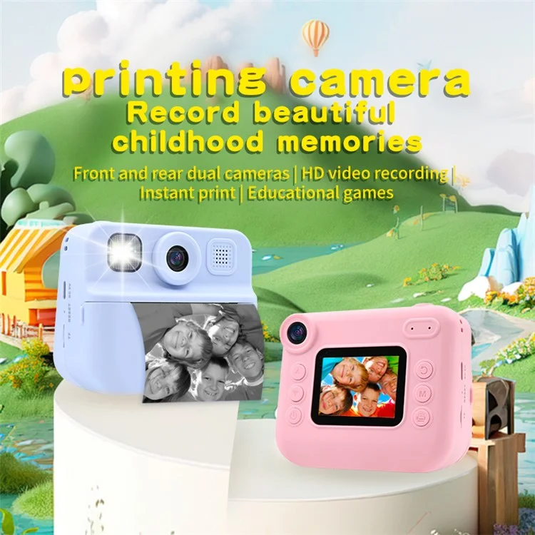 KDC-030D 2.0-inch Mini Kids Instant Camera HD Dual Lens Digital Camera Photo Printer with 32G TF Card + Card Reader - Purple