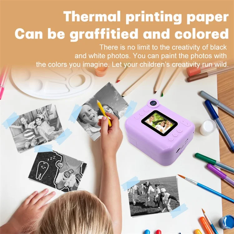 KDC-030D 2.0-inch Mini Kids Instant Camera HD Dual Lens Digital Camera Photo Printer with 32G TF Card + Card Reader - Purple