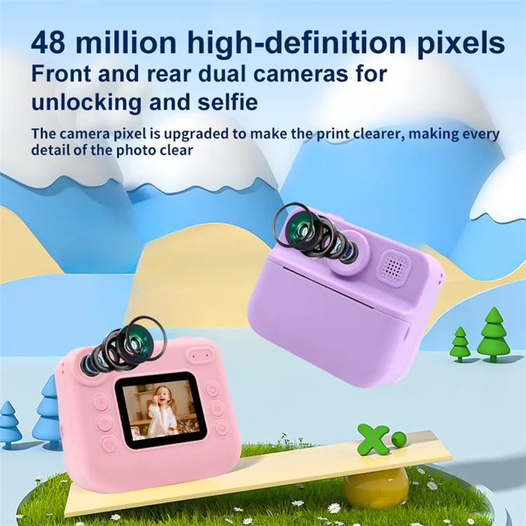 KDC-030D 2.0-inch Mini Kids Instant Camera HD Dual Lens Digital Camera Photo Printer with 32G TF Card + Card Reader - Purple