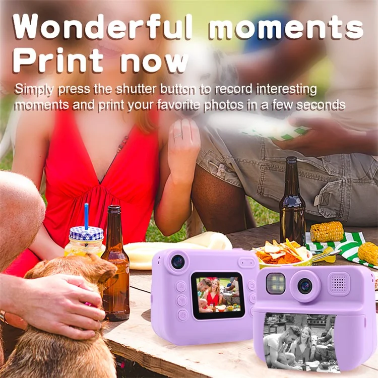 KDC-030D 2.0-inch Mini Kids Instant Camera HD Dual Lens Digital Camera Photo Printer with 32G TF Card + Card Reader - Purple