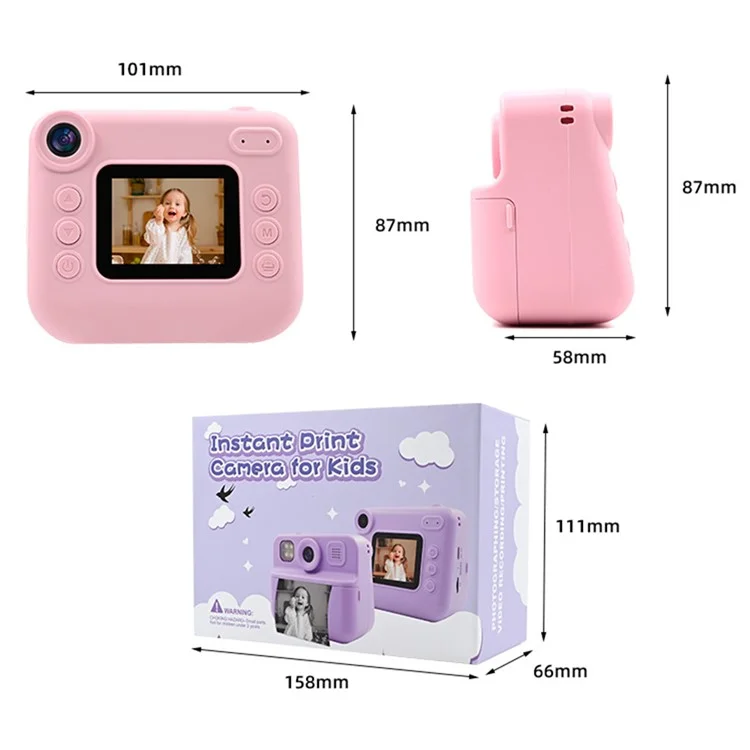 KDC-030D 2.0-inch Mini Kids Instant Camera HD Dual Lens Digital Camera Photo Printer with 32G TF Card + Card Reader - Purple