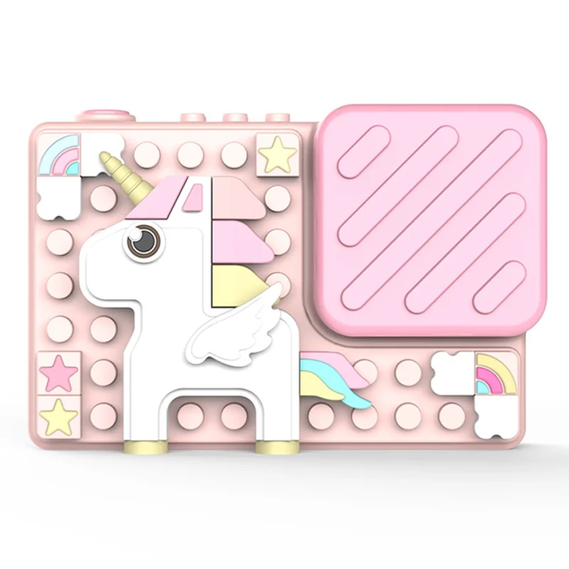 H8 Cartoon Design Building Block Toy 2.4-inch IPS Screen Camera Kids Dual Lens Digital Camera - Pink Horse