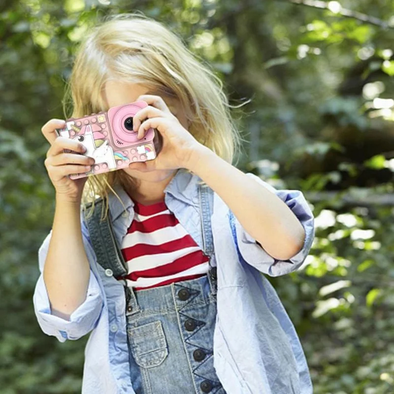H8 Cartoon Design Building Block Toy 2.4-inch IPS Screen Camera Kids Dual Lens Digital Camera - Pink Horse