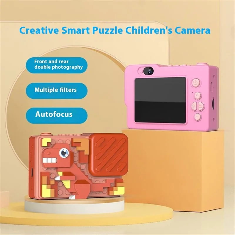 H8 Cartoon Design Building Block Toy 2.4-inch IPS Screen Camera Kids Dual Lens Digital Camera - Pink Horse