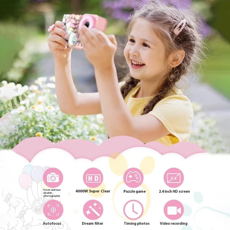 H8 Cartoon Design Building Block Toy 2.4-inch IPS Screen Camera Kids Dual Lens Digital Camera - Pink Horse