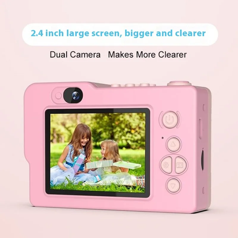 H8 Cartoon Design Building Block Toy 2.4-inch IPS Screen Camera Kids Dual Lens Digital Camera - Pink Horse