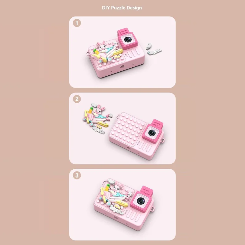 M1 Rabbit Building Block Toy Flip Lens Camera 2.4-inch Screen Kids Camera with Tripod + 32G TF Card + Card Reader - Pink