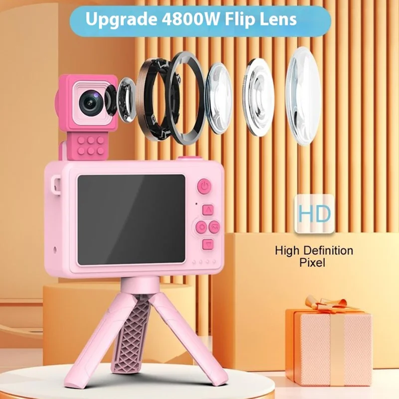 M1 Rabbit Building Block Toy Flip Lens Camera 2.4-inch Screen Kids Camera with Tripod + 32G TF Card + Card Reader - Pink