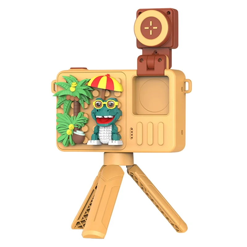Caméra numérique pour enfants M1 Crocodile Building Block Toy Flip Lens, écran 2,4 pouces avec trépied - Jaune