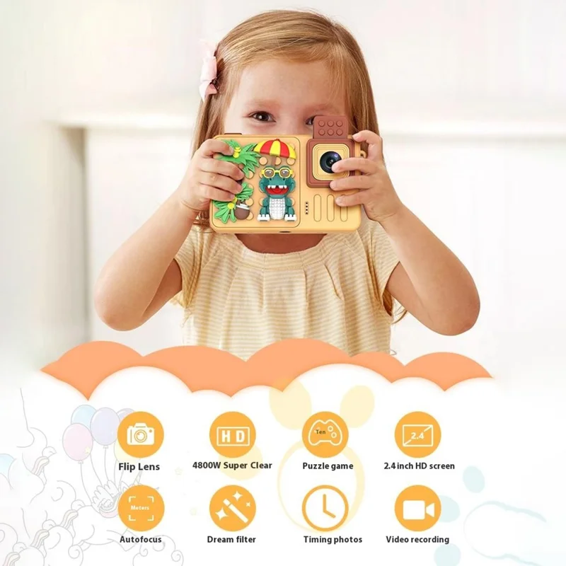 Caméra numérique pour enfants M1 Crocodile Building Block Toy Flip Lens, écran 2,4 pouces avec trépied - Jaune