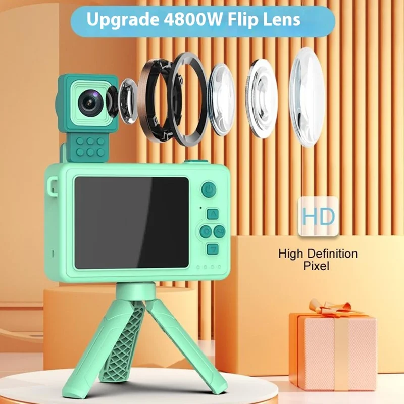 Caméra numérique pour enfants M1 Crocodile Building Block Toy Flip Lens, écran 2,4 pouces avec trépied - Jaune