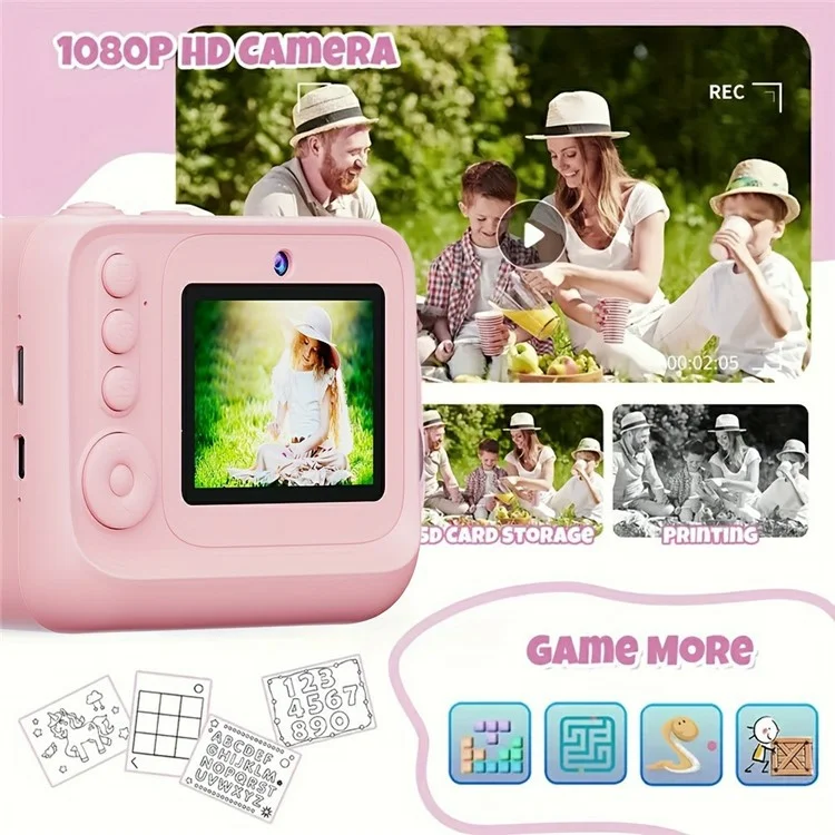 Cámara instantánea mini para niños Z12 de 2,4 pulgadas con doble lente HD y impresora de fotos con tarjeta TF de 32 GB - Rosa
