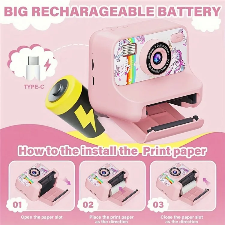 Cámara instantánea mini para niños Z12 de 2,4 pulgadas con doble lente HD y impresora de fotos con tarjeta TF de 32 GB - Rosa