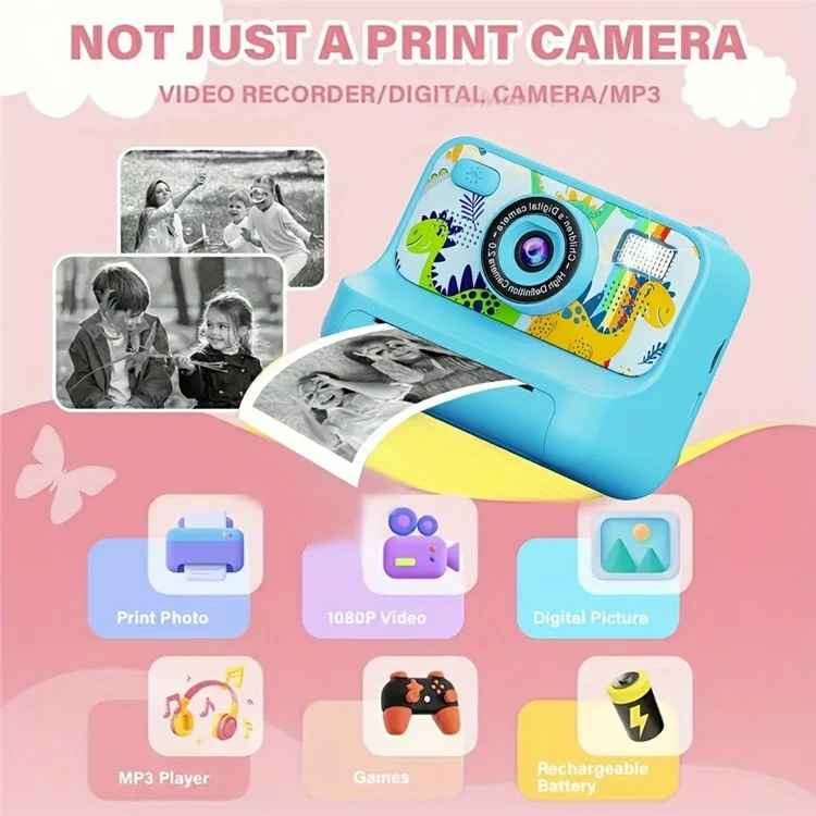 Z12 Cámara instantánea para niños de 2.4 pulgadas con doble lente HD y impresora de fotos con tarjeta TF de 32 GB - Azul cielo