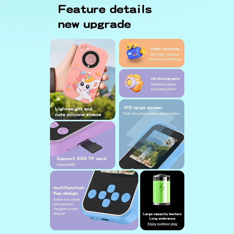 A20 2.4-inch Screen 9600W Pixel HD Kids Phone Camera with 32G Memory Card - Blue Dinosaur / Silicone Type