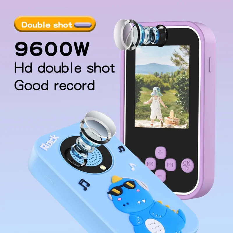 A20 2.4-inch Screen 9600W Pixel HD Kids Phone Camera with 32G Memory Card - Blue Dinosaur / Silicone Type