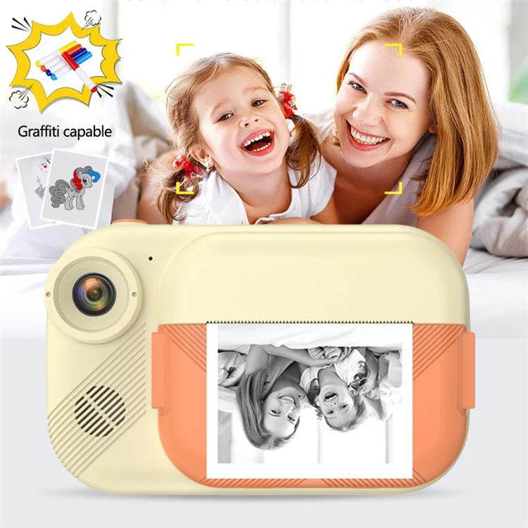 P1S HD Kids Camera 3.5-inch Inkless Print Camera 1080P Portable Cute Mini Camera Support MP3 - Bege